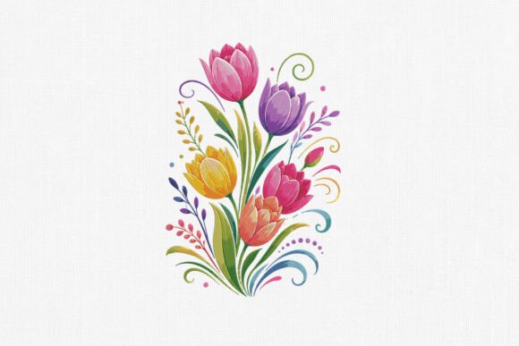 Colorful Tulip Floral Embroidery Art: A Versatile Design for Creative Stitching
