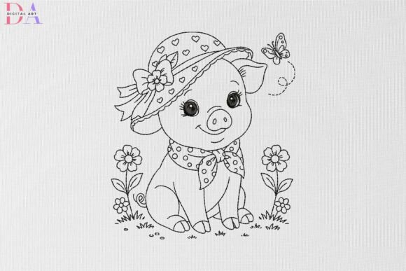 Cute Piglet in Floral Sunhat Garden: A Charming Addition to Embroidery Projects