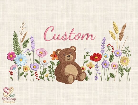 Cute Teddy Bear Floral Embroidery Design – A Charming Touch for Baby & Kids’ Crafts
