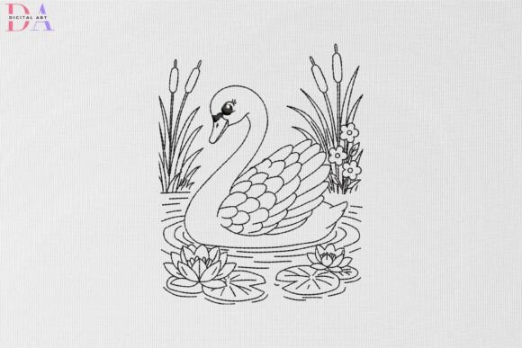 Graceful Swan on Lily Pond Flowers